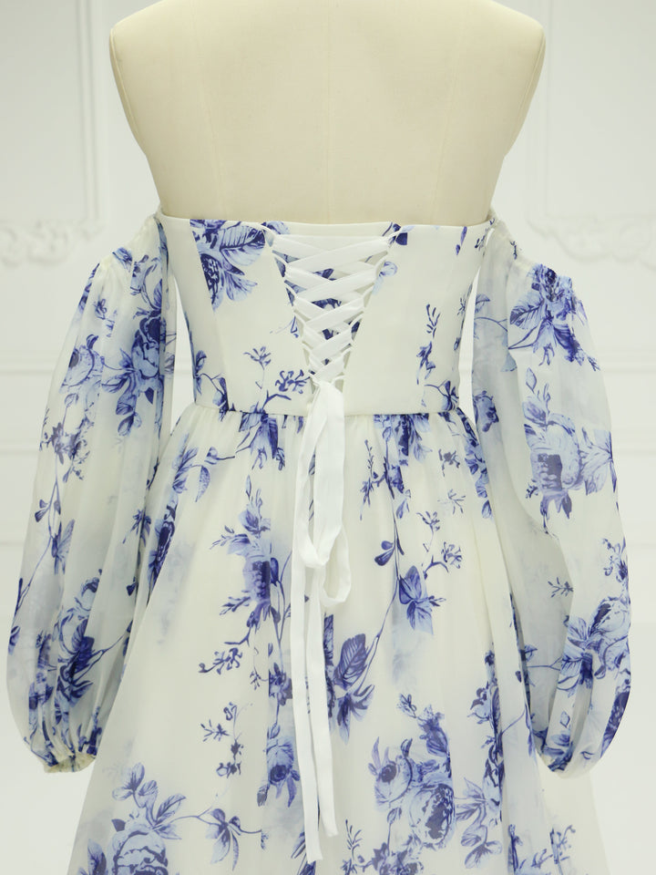 Off-Shoulder-Langarm-Ballkleid mit blauem Aufdruck YE2535 