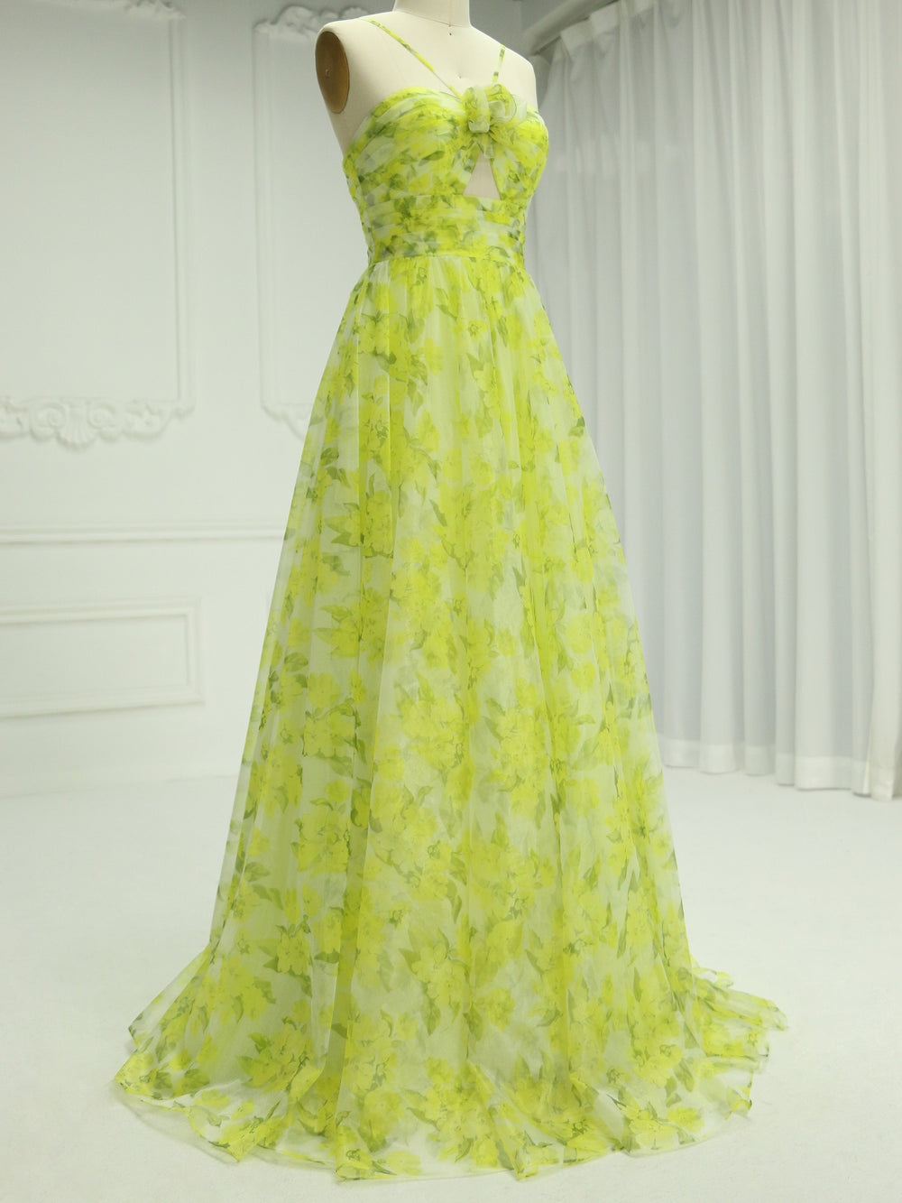 A Line Cutout Straps ,Floral Print, Tulle Prom Dress