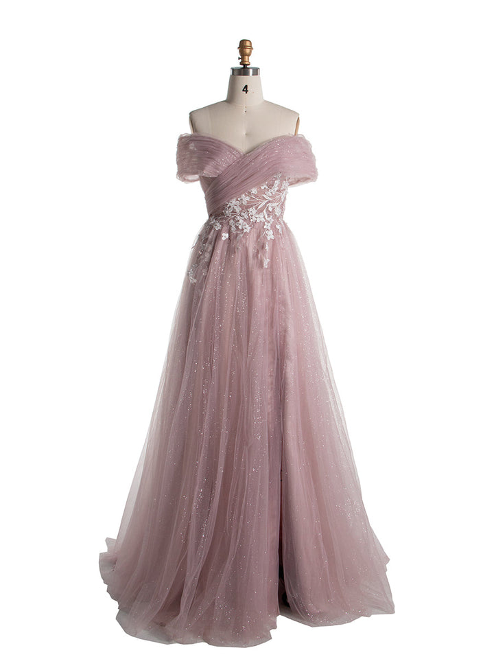 A-line, Off The Shoulder,  Dusty Pink , Tulle Prom Dresses with Lace 