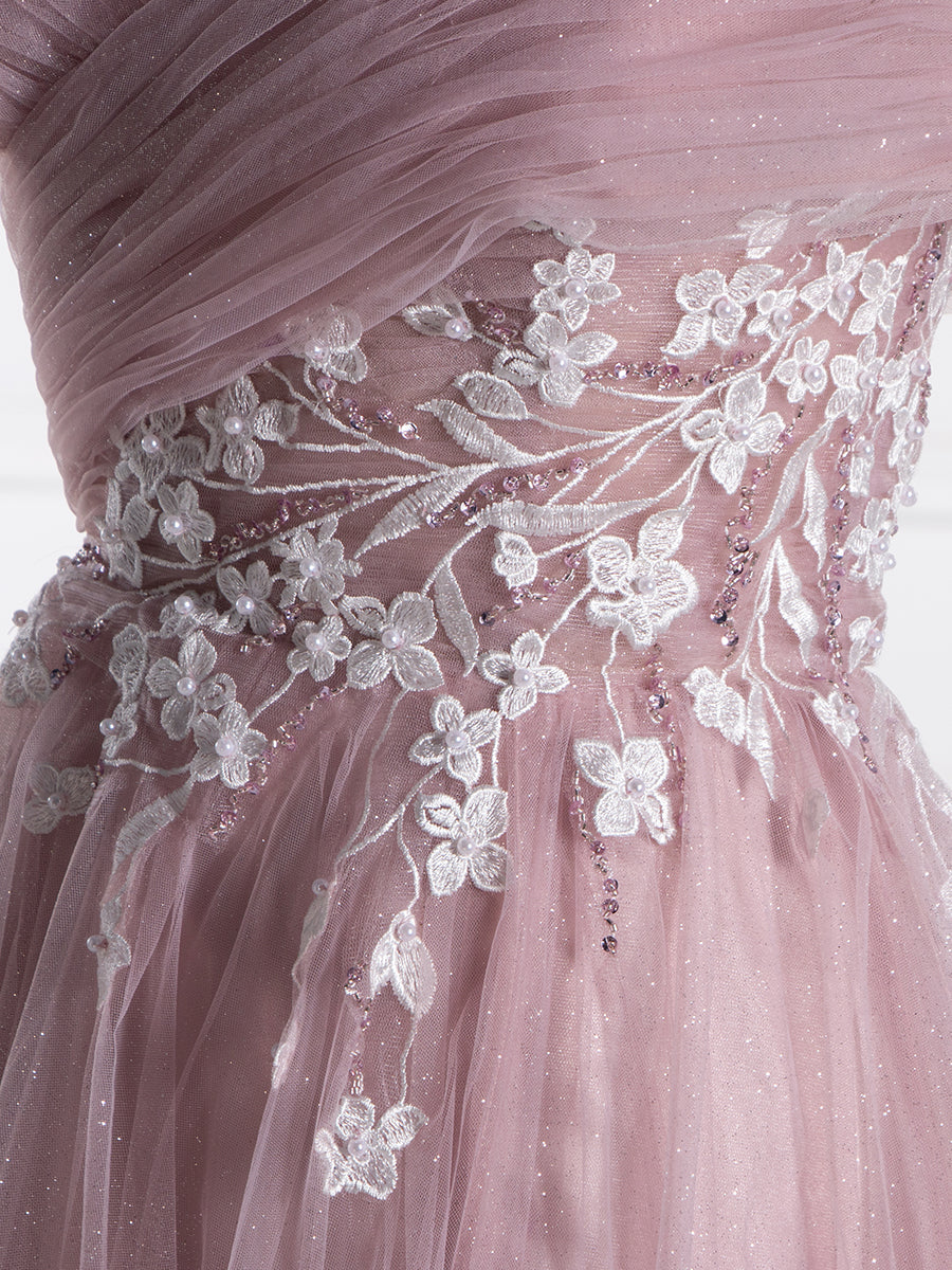 A-line, Off The Shoulder,  Dusty Pink , Tulle Prom Dresses with Lace 