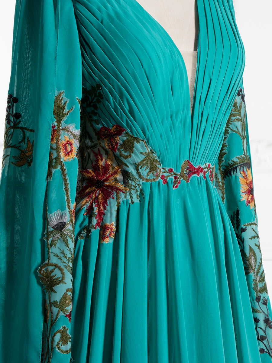 Emerald Green,  Long Sleeve,  V-Neck , Chiffon Dress with Embroidery,  Floral Lace-Up Back, Photography Gown