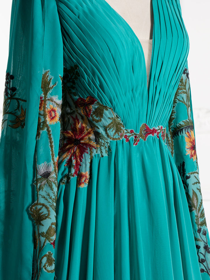 Emerald Green,  Long Sleeve,  V-Neck , Chiffon Dress with Embroidery,  Floral Lace-Up Back, Photography Gown