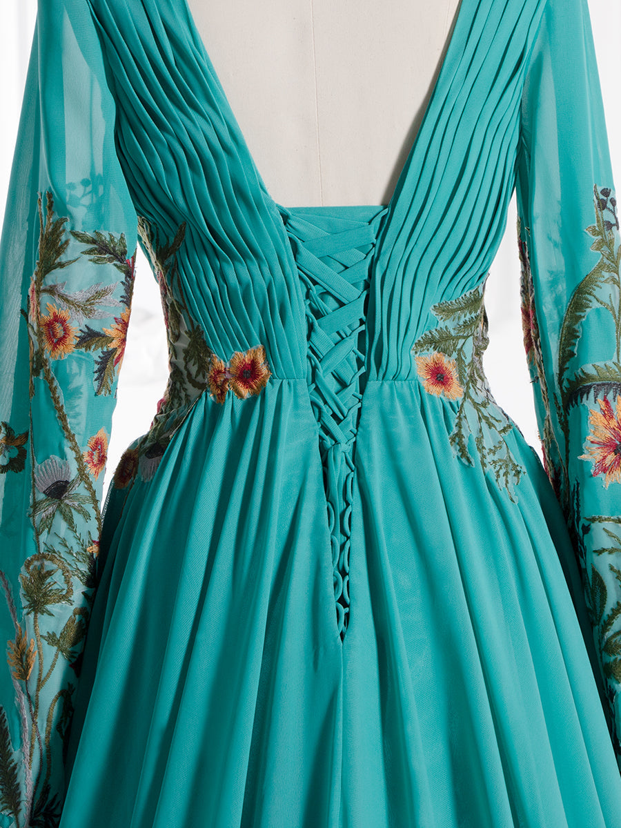 Emerald Green,  Long Sleeve,  V-Neck , Chiffon Dress with Embroidery,  Floral Lace-Up Back, Photography Gown