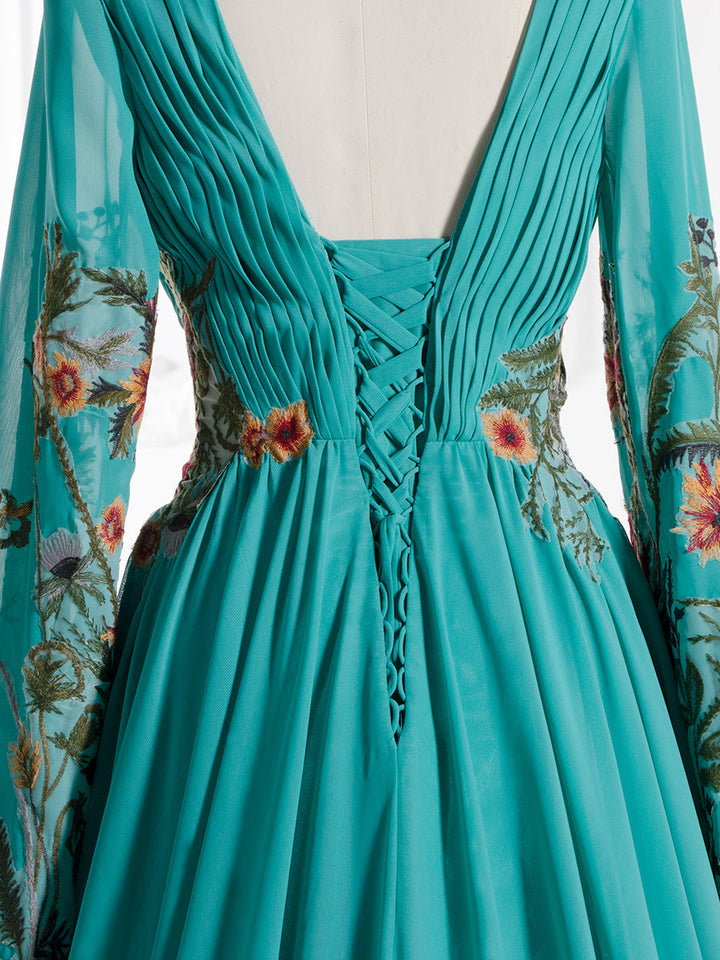 Emerald Green,  Long Sleeve,  V-Neck , Chiffon Dress with Embroidery,  Floral Lace-Up Back, Photography Gown