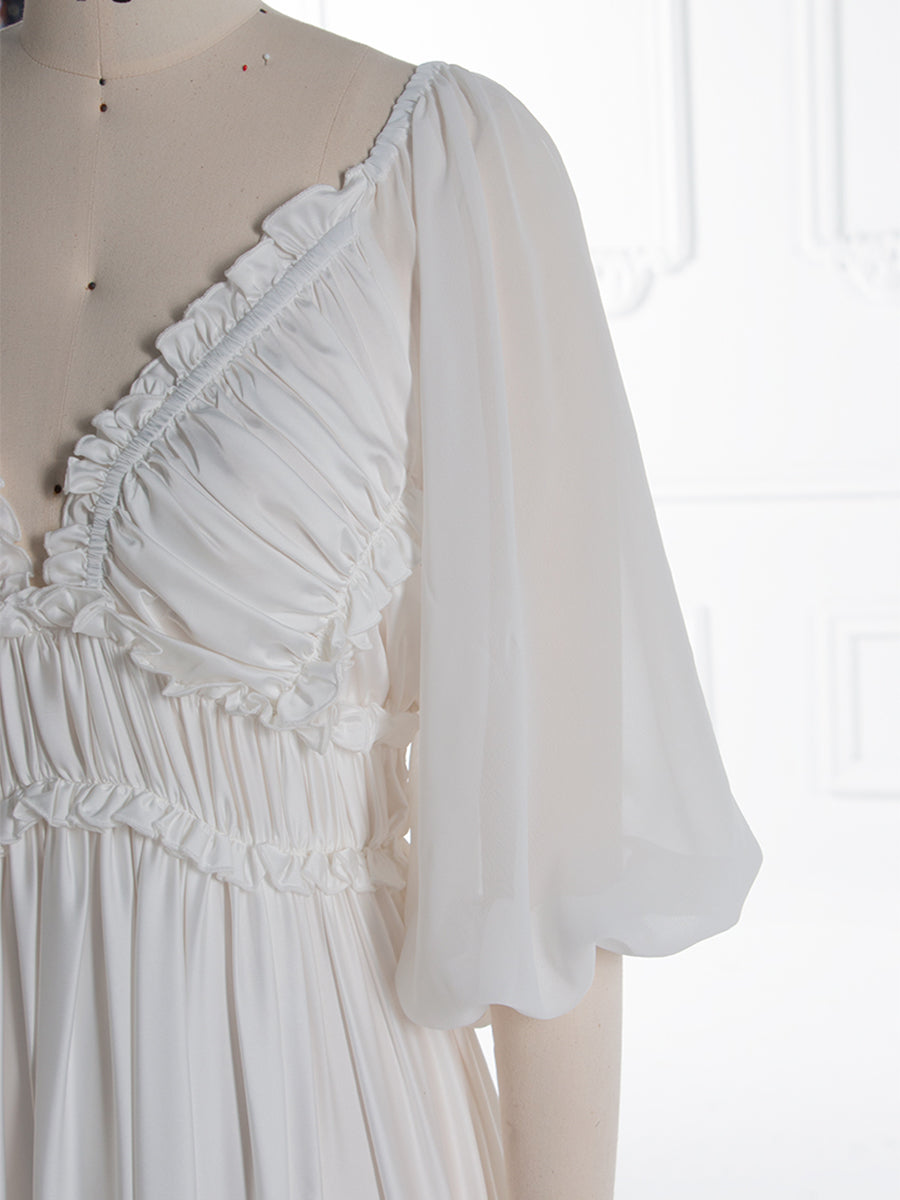Chiffon Sleeve Silk Satin Boho Maternity Dress Photo Shoot Dress Fancy Photography Props with Ruffle Detail