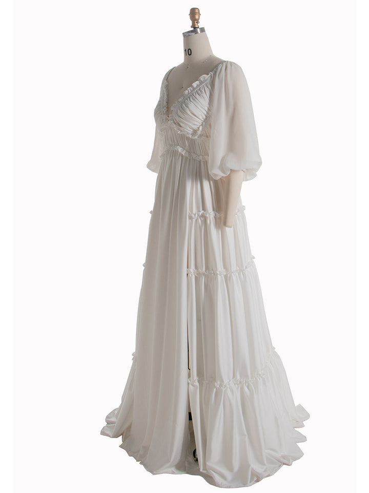 Chiffon Sleeve Silk Satin Boho Maternity Dress Photo Shoot Dress Fancy Photography Props with Ruffle Detail
