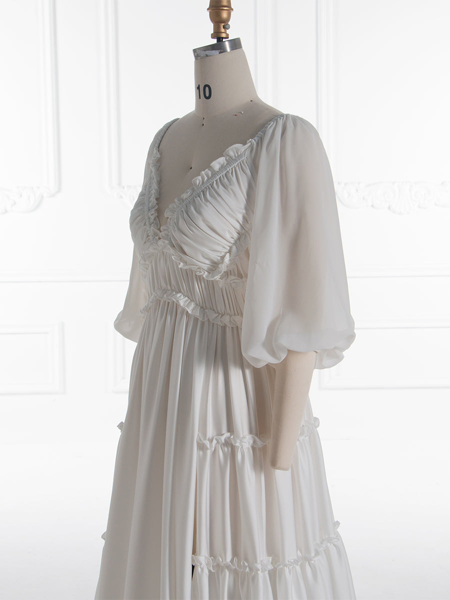 Chiffon Sleeve Silk Satin Boho Maternity Dress Photo Shoot Dress Fancy Photography Props with Ruffle Detail