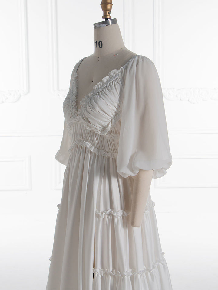 Chiffon Sleeve Silk Satin Boho Maternity Dress Photo Shoot Dress Fancy Photography Props with Ruffle Detail