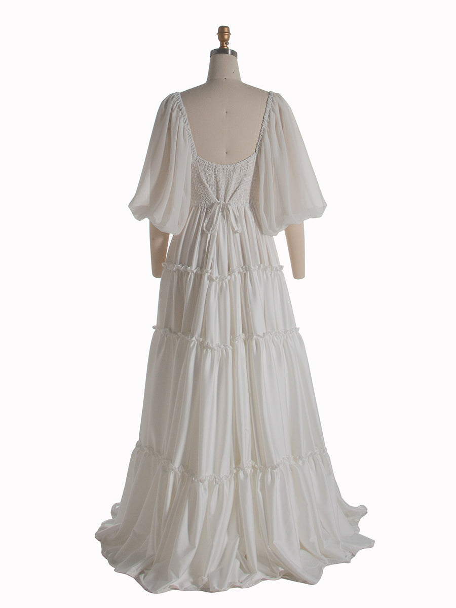 Chiffon Sleeve Silk Satin Boho Maternity Dress Photo Shoot Dress Fancy Photography Props with Ruffle Detail