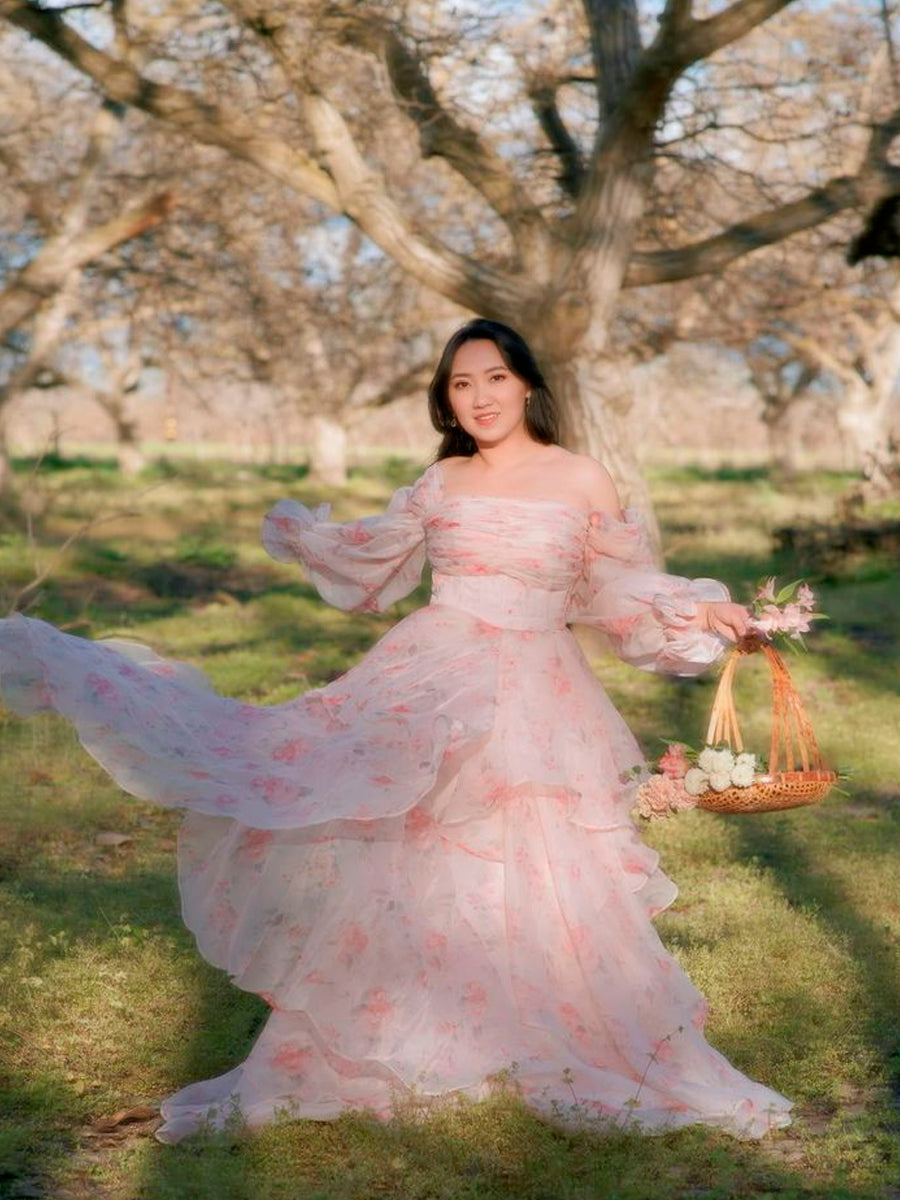 A Line , Floor Length , Printing Floral Prom Dress , Photo Shoots Dress
