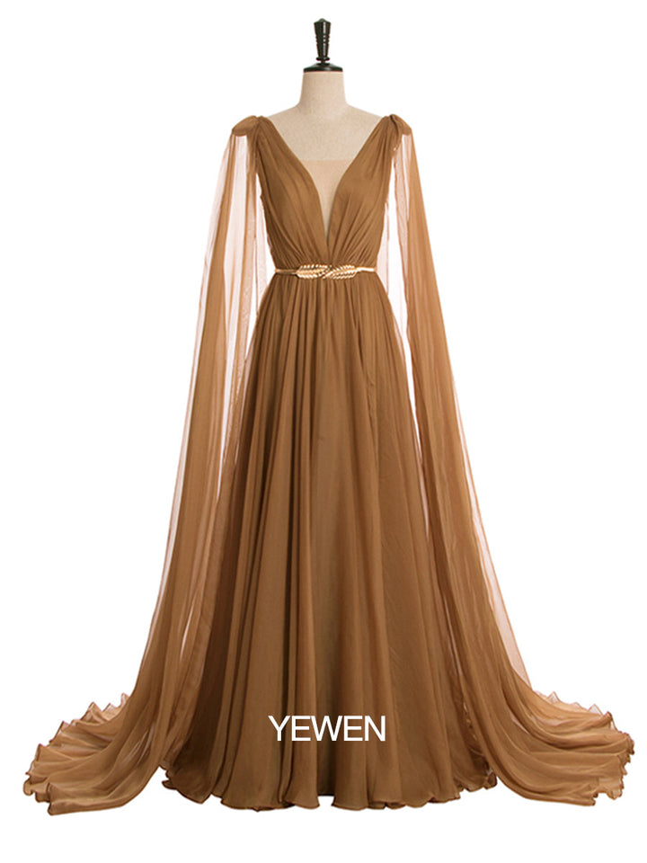 Chiffonkleid mit höherer Taille, V-Ausschnitt, Cape-Ärmel, elegantes Party-Maxikleid, Umstandskleid mit Schnürung
