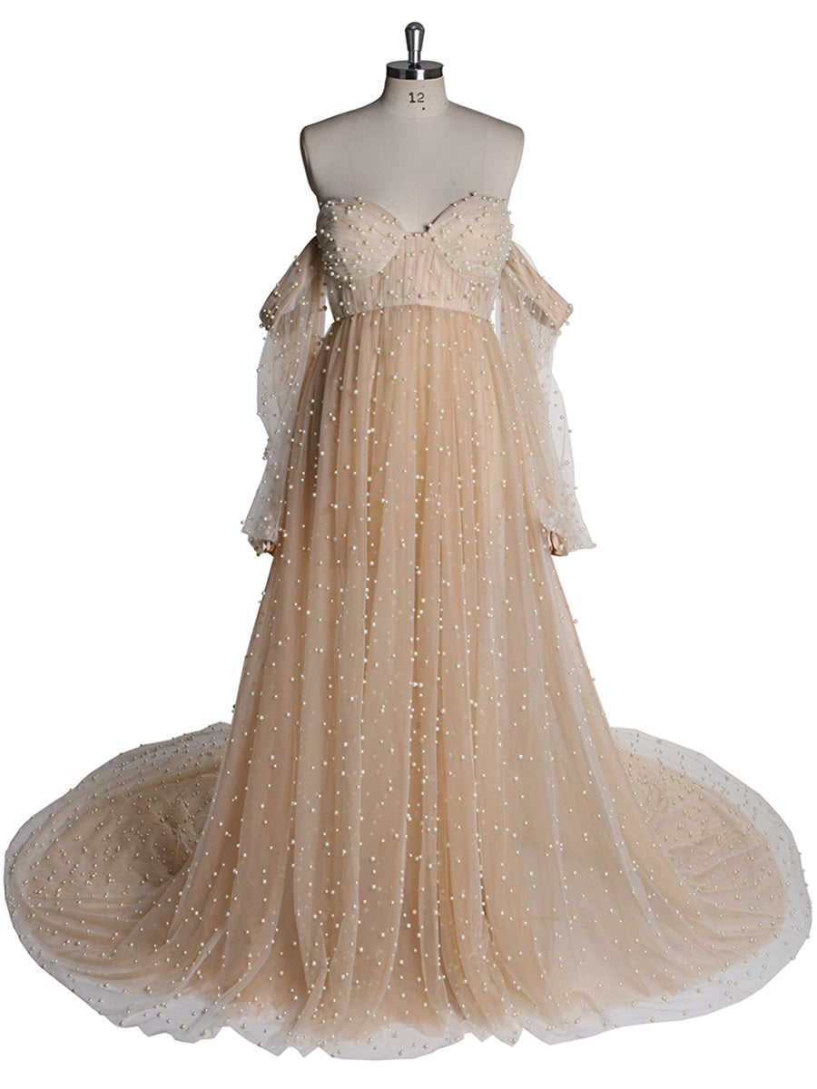 Schulterfreies, elfenbeinfarbenes, langärmliges Umstandskleid mit Perlen vorne und offen, Fotoshooting-Kleid für Damen LT024 