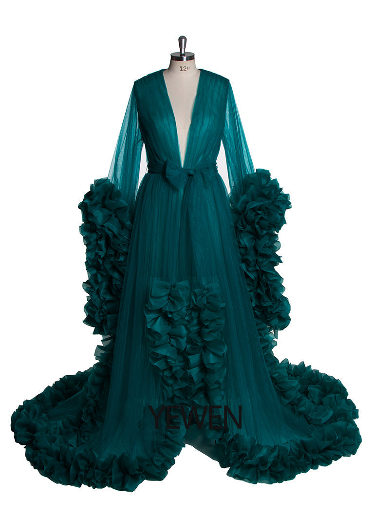 Sexy Abendkleid Langarm Damen V-Ausschnitt Rüschen Ballkleid