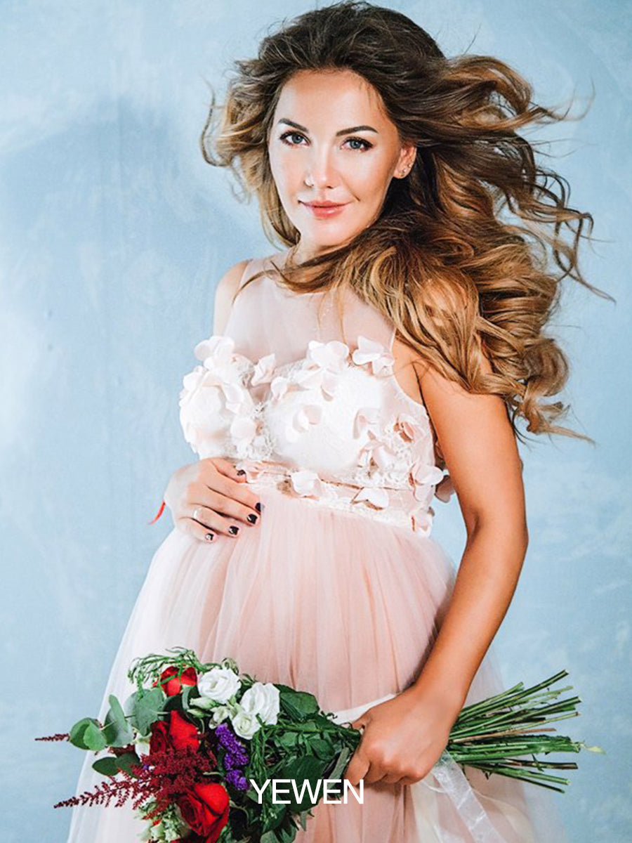 Rosa Blumenkleid aus weichem Tüll für Fotoshootings, Rundhalsausschnitt, rückenfreies Maxikleid aus Tüll, YW230330 