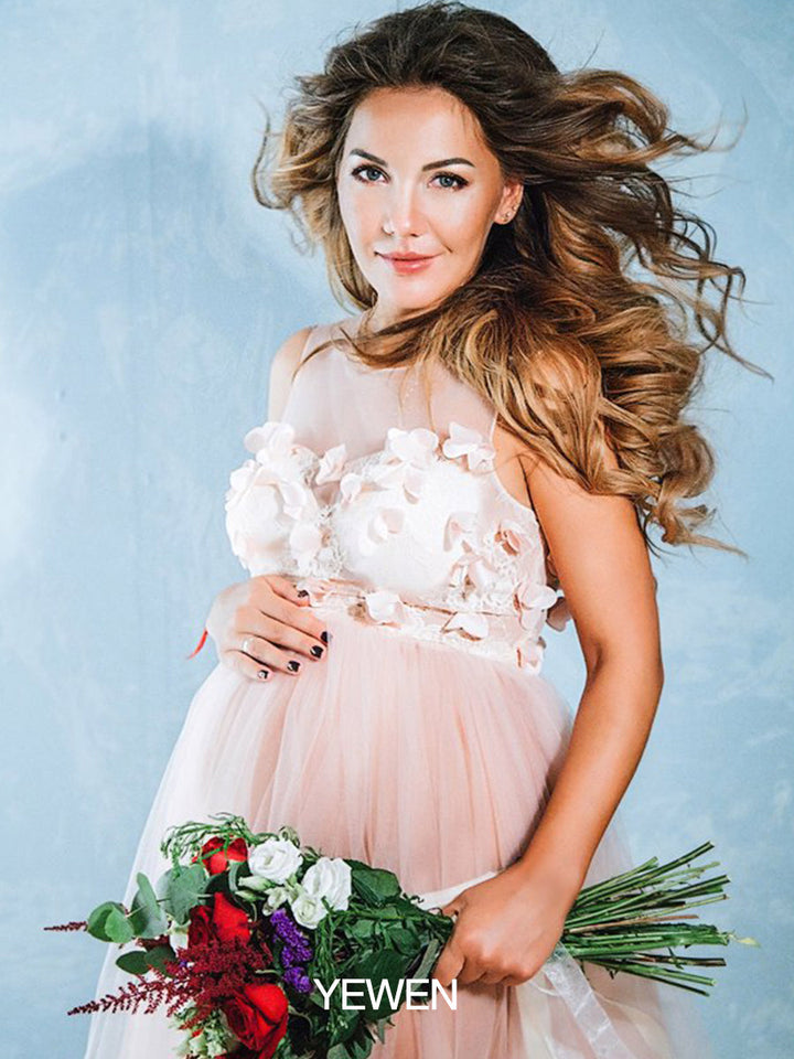 Rosa Blumenkleid aus weichem Tüll für Fotoshootings, Rundhalsausschnitt, rückenfreies Maxikleid aus Tüll, YW230330 