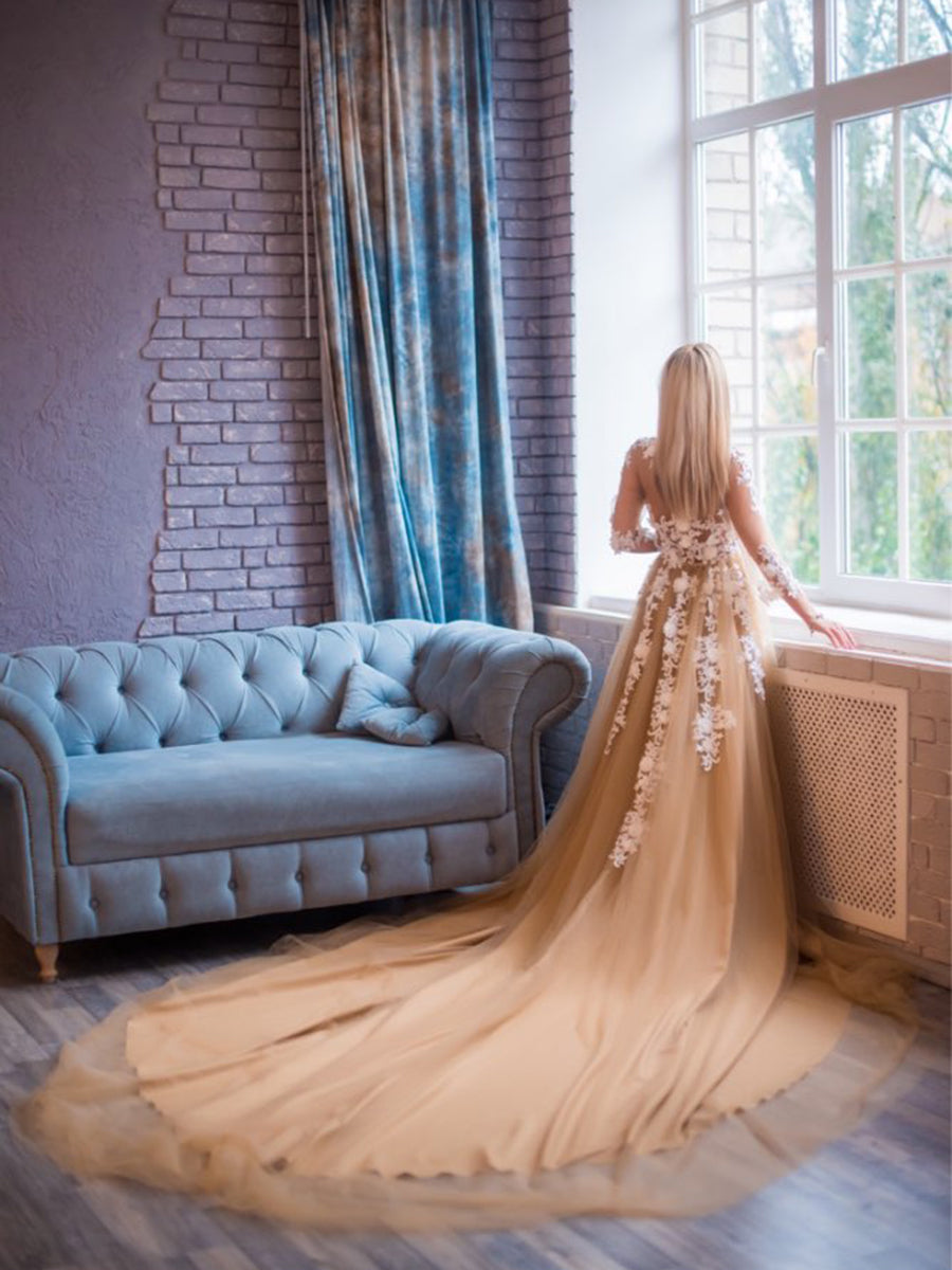 Sexy V-Ausschnitt Spitze Langarm Umstandskleid Brautkleid 