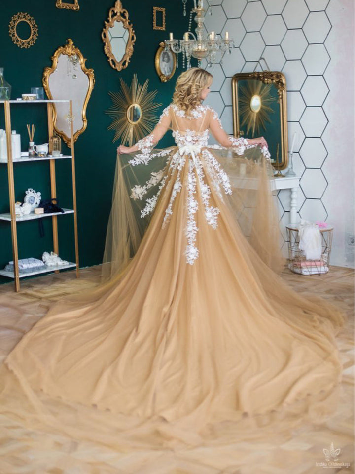 Sexy V-Ausschnitt Spitze Langarm Umstandskleid Brautkleid 
