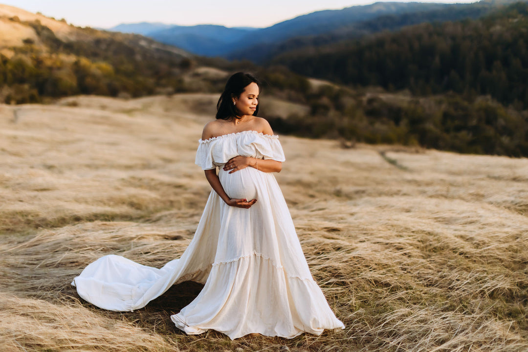 Elegantes schulterfreies Umstandskleid für Fotoshootings, verstellbare Taille, Umstandskleid für Babyparty, Maxikleid YEWEN YD22107