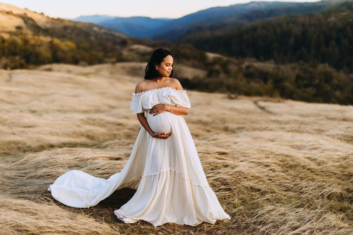Elegantes schulterfreies Umstandskleid für Fotoshootings, verstellbare Taille, Umstandskleid für Babyparty, Maxikleid YEWEN YD22107