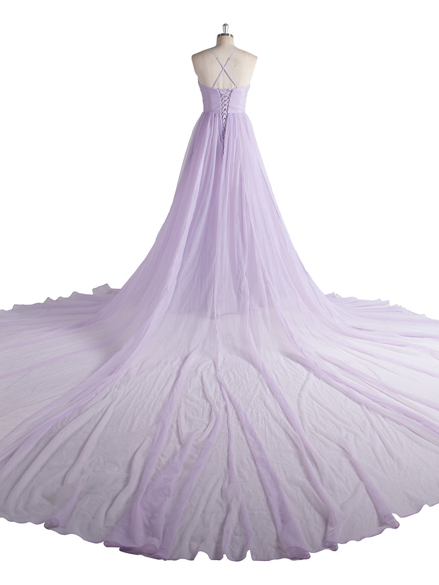 Lila fliegendes Kleid für Fotoshooting, lange Schleppe, Seide, weicher Organza, fließendes Kleid, Shooting-Kleid YW250016 