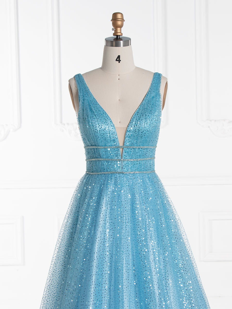 A line , V Neck ,Long Sequin , Prom Dress 