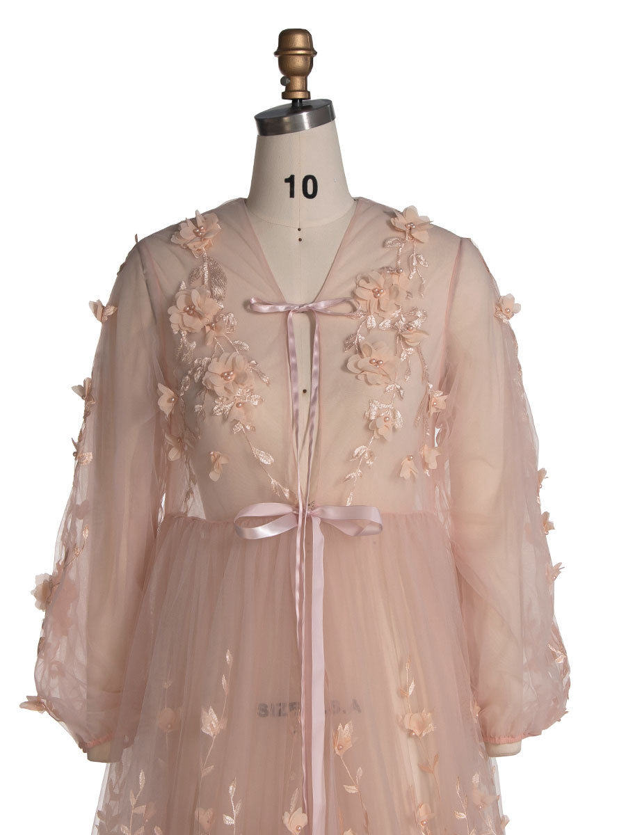 Errötendes Kleid mit 3D-Blumenspitze, Boho-Maxikleid aus transparentem Netzstoff, Fotoshooting-Outfit YW240107 