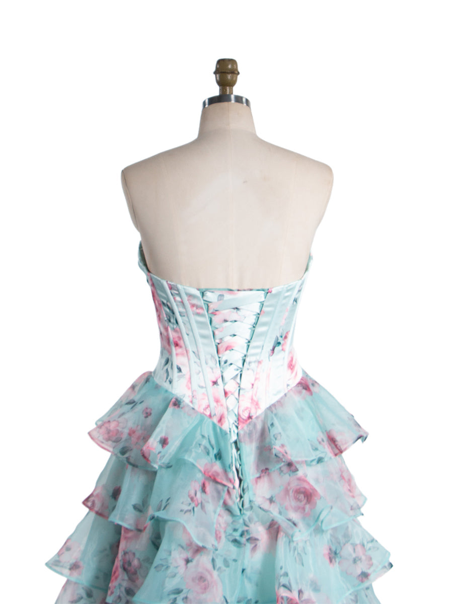 Wunderschönes, schulterfreies, langes Ballkleid in A-Linie mit Rüschen, bedruckt, YW240048 