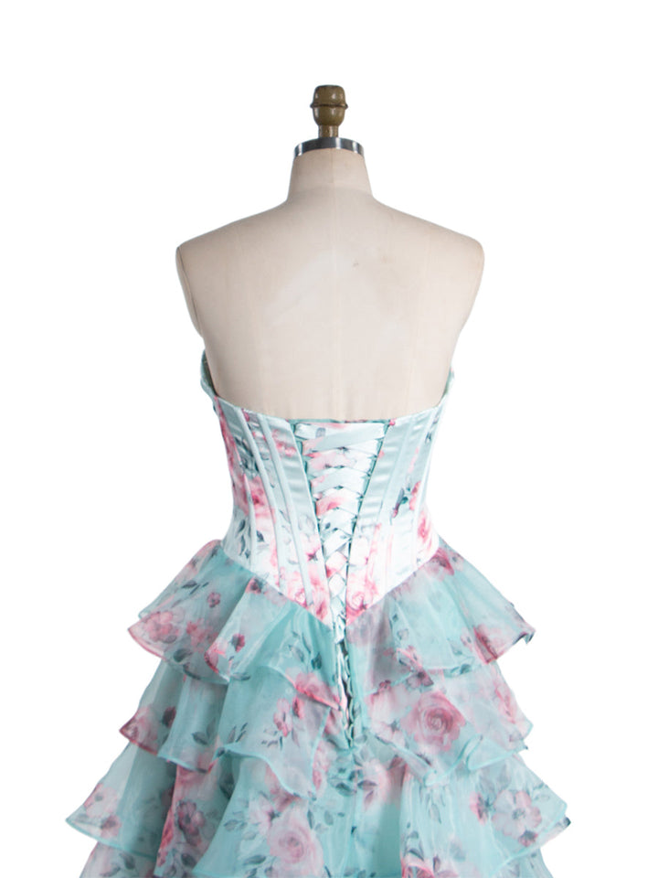 Wunderschönes, schulterfreies, langes Ballkleid in A-Linie mit Rüschen, bedruckt, YW240048 