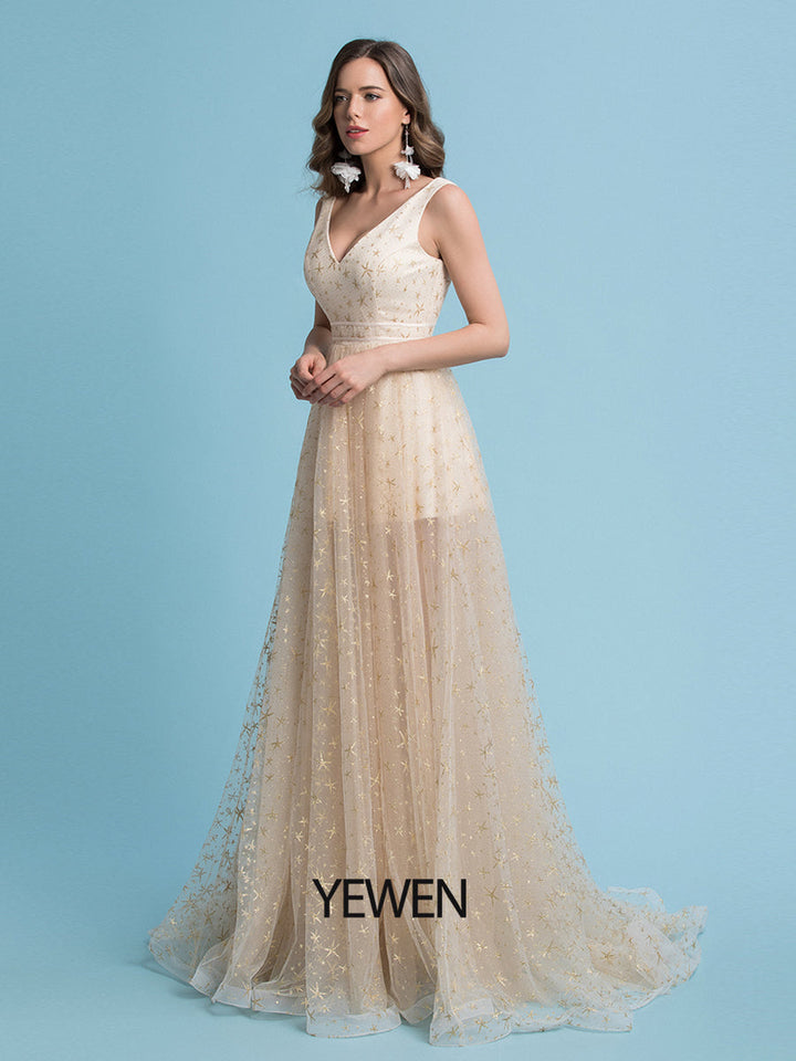 A-Linie Glitzerndes Abendkleid für Hochzeitsgäste, V-Ausschnitt, ärmellos, bodenlang, Tüll mit Sternen 
