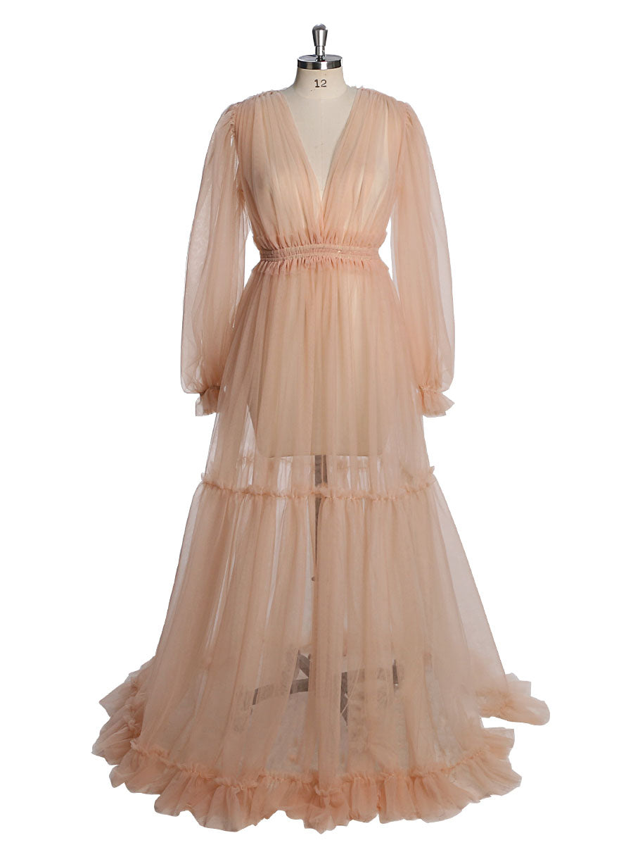 Durchsichtiges, langärmeliges Kleid aus weichem Tüll für Damen, Maxi-Kleid für Fotoshootings, YW231005 