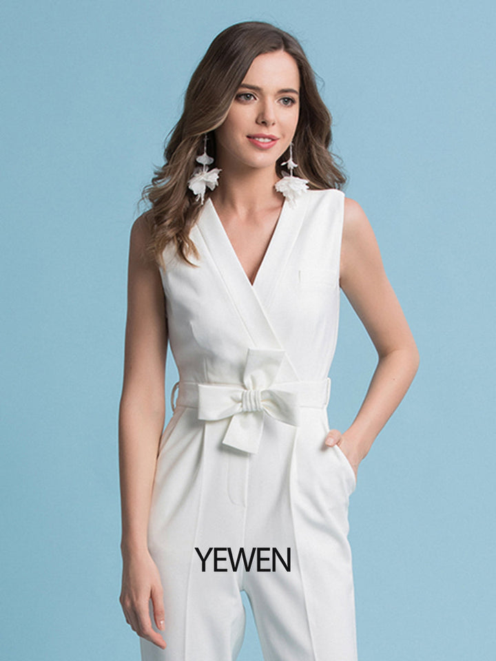 Elegante Jumpsuits Brautkleider V-Ausschnitt Bodenlang Chiffon Ärmellos Landhaus Übergröße mit Schärpen/Schleifen Applikationen 
