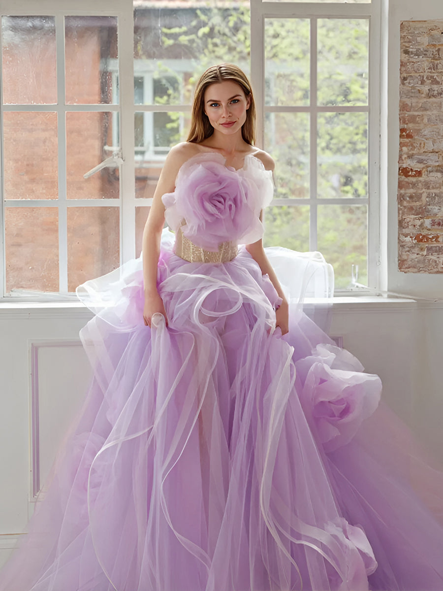 Lavendel Blumen Lange Damen Maxikleider Für Party Bloom Geraffte Organza Garten Hochzeit Brautkleider Hübsche Tüllkleider 