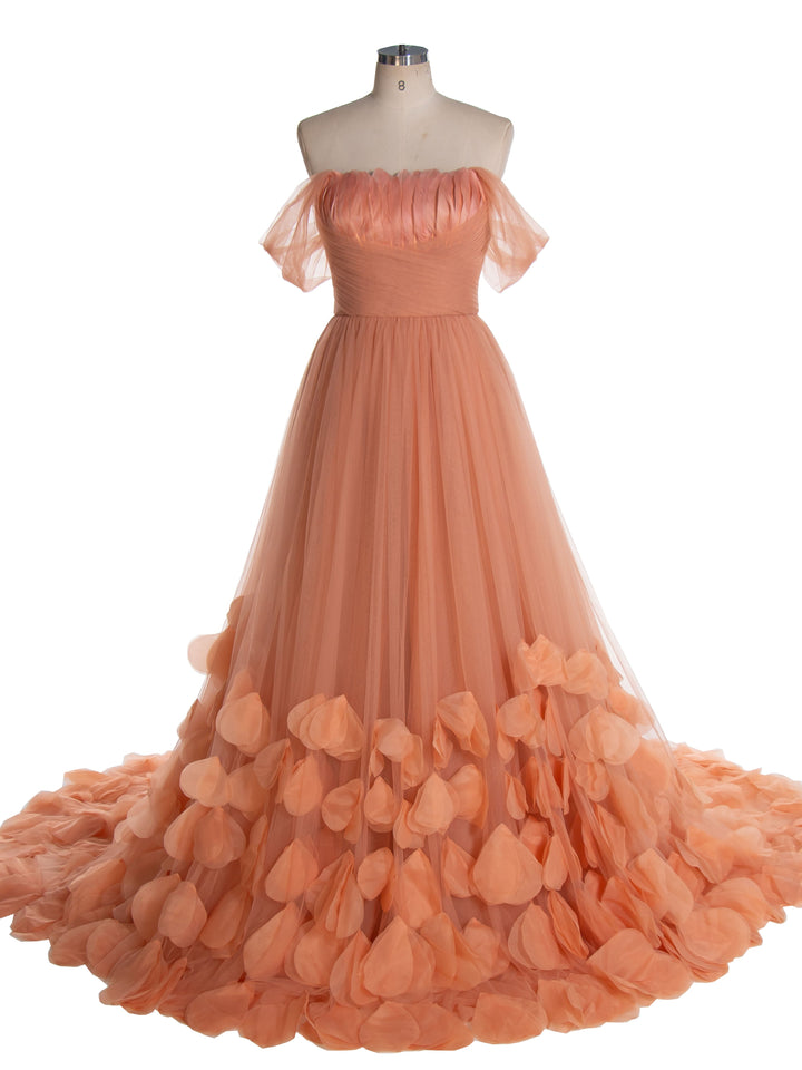 Garten Gebrannte Orange Blütenblätter Rüschen Tüll Brautkleider Flügelärmeln Feder A-Linie Lange Fotoshooting Kleider YW240118 