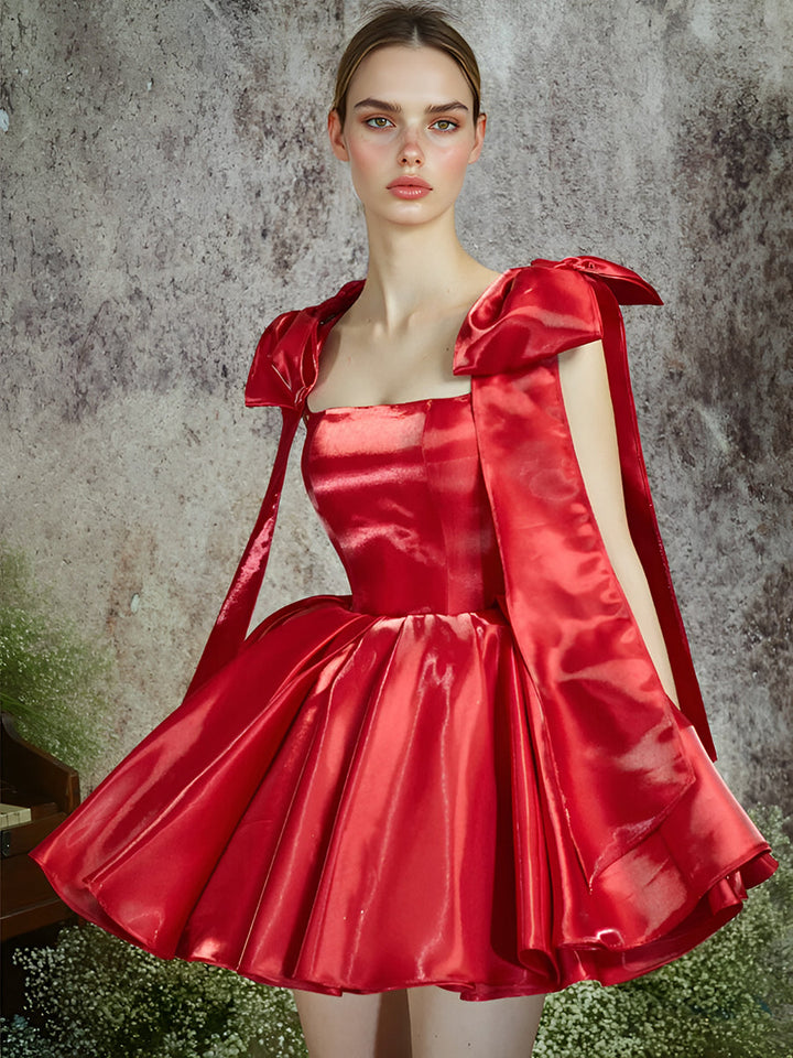 Modernes kurzes Abschlussball-Partykleid, individuelles Cocktailkleid, Schleife, verstellbare Träger, Puffrock, Heimkehrkleid