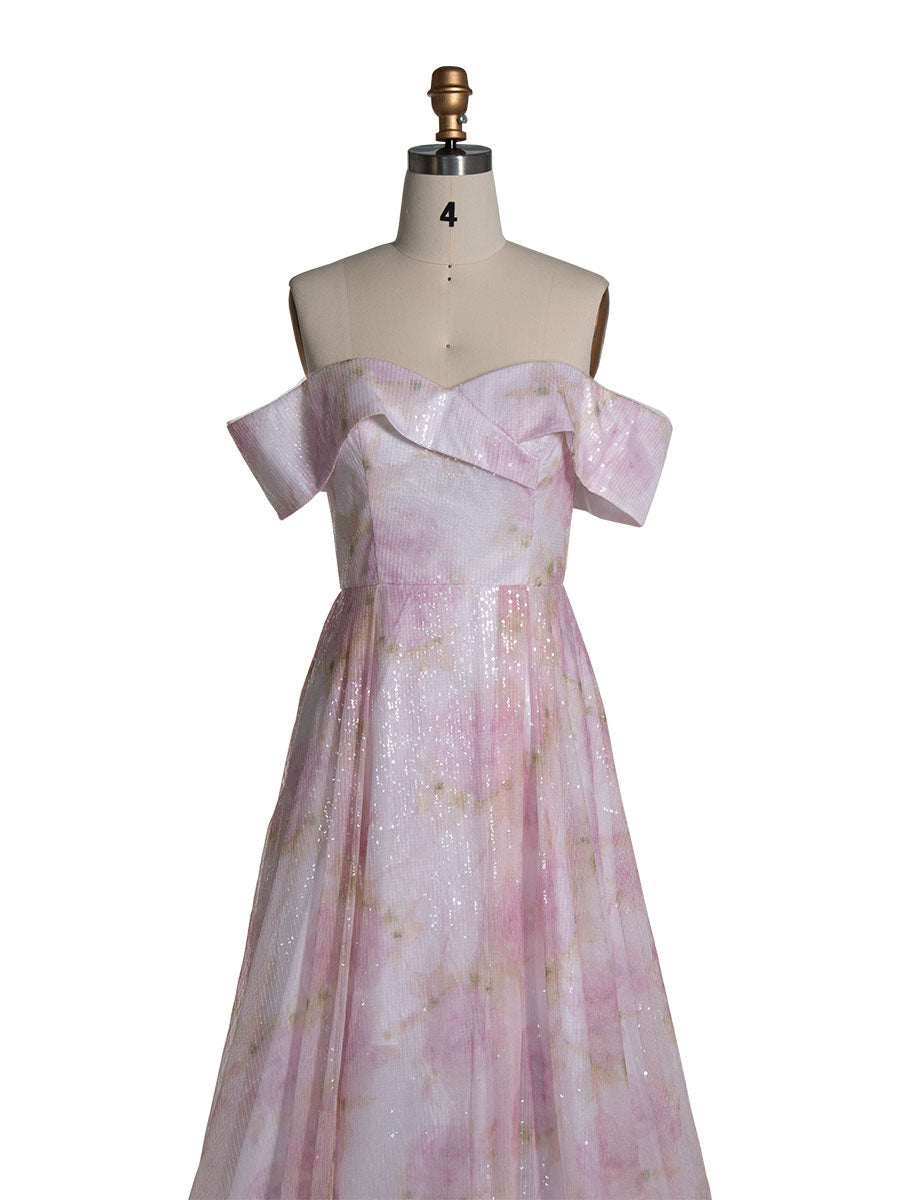Elegantes A-Linien-Ballkleid mit schulterfreiem, rosafarbenem Print YE3019 