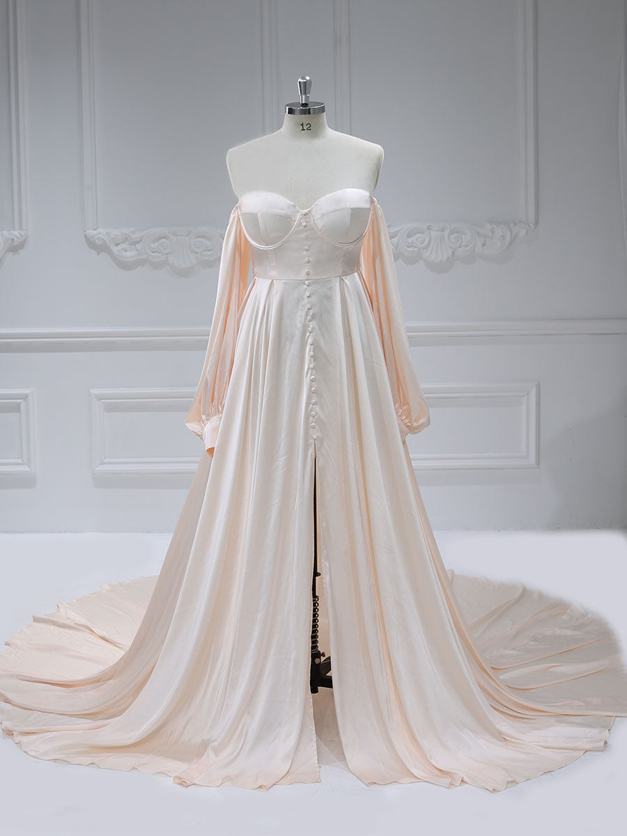 A-Linie Satin Brautkleid mit Schnürung am Rücken und langen Ärmeln, Kleider für Fotoshootings YW220928 