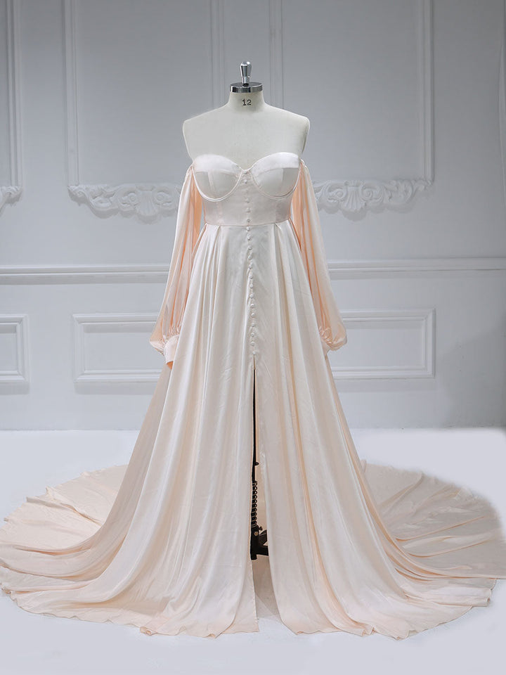 A-Linie Satin Brautkleid mit Schnürung am Rücken und langen Ärmeln, Kleider für Fotoshootings YW220928 
