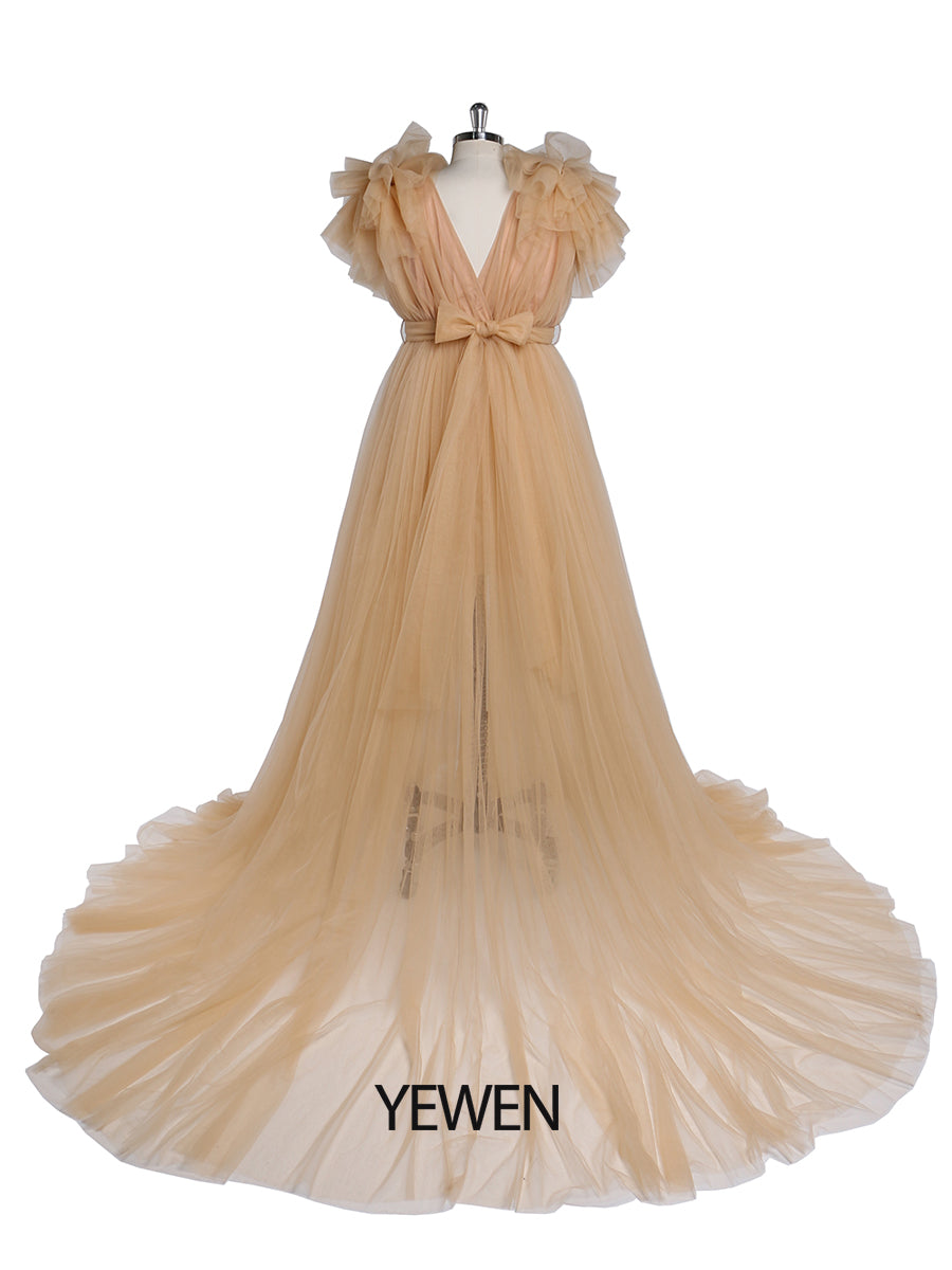 Umstandskleid für Fotoshootings, Bauchschlitz vorne, Schulterrüschen, Fotografie-Maxikleid, Babyparty-Kleid YD217051 