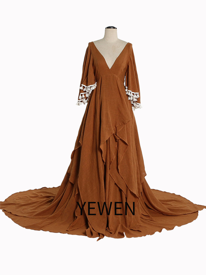 Elegantes Umstandskleid aus Baumwolle für Fotoshootings, V-Ausschnitt, Maxikleid für Fotografie, YEWEN NEU YW221111
