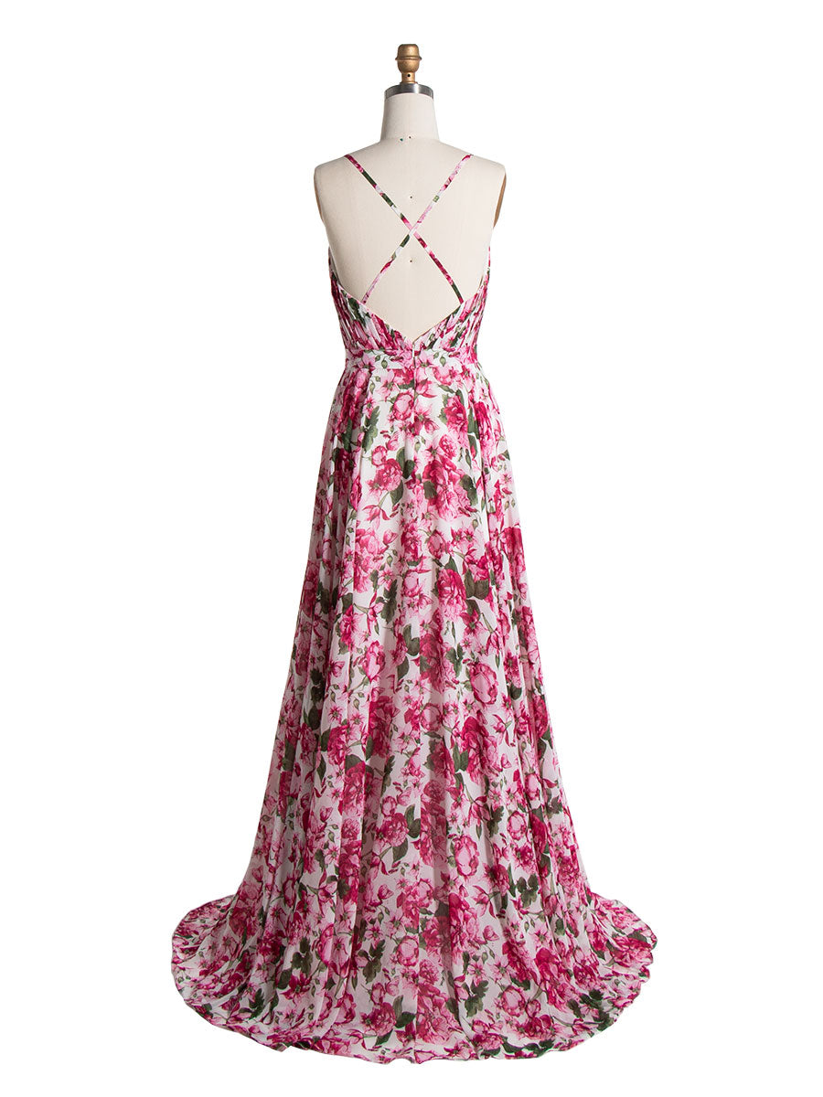 A Line, V Neck ,Printed Prom Dresses, Floor Length