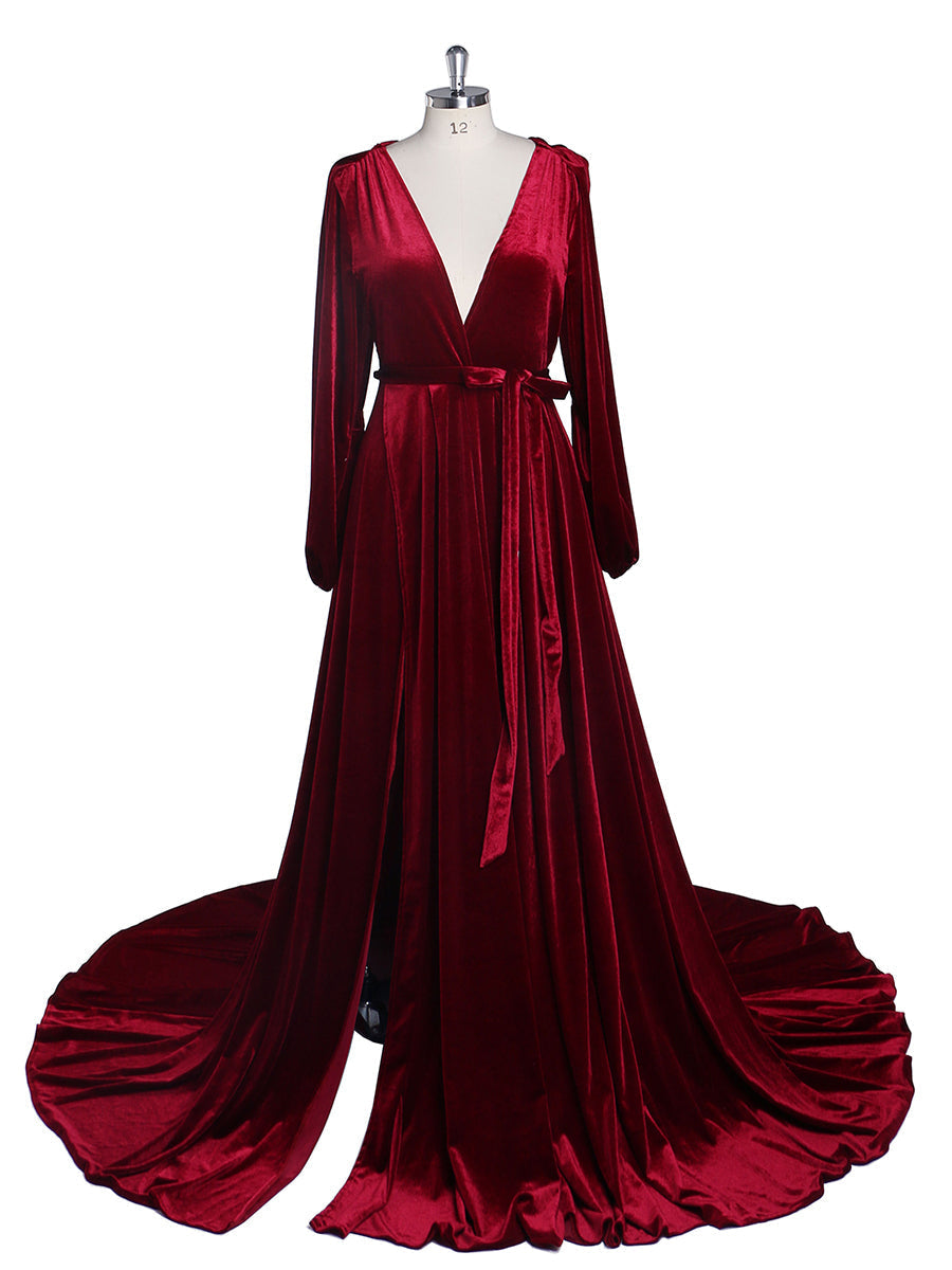 Schwarzes Abendkleid aus Samt mit V-Ausschnitt, langen Ärmeln, Stretch-Taille, seitlichem Schlitz, Fotoshooting-Kleid, Umstandskleider YD211012 