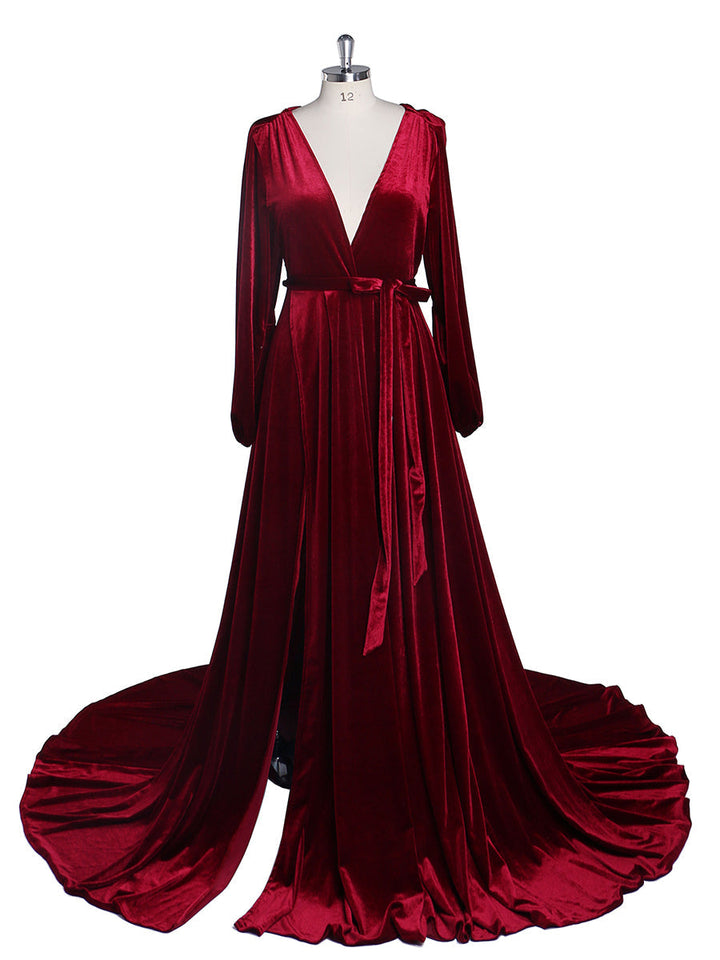 Schwarzes Abendkleid aus Samt mit V-Ausschnitt, langen Ärmeln, Stretch-Taille, seitlichem Schlitz, Fotoshooting-Kleid, Umstandskleider YD211012 