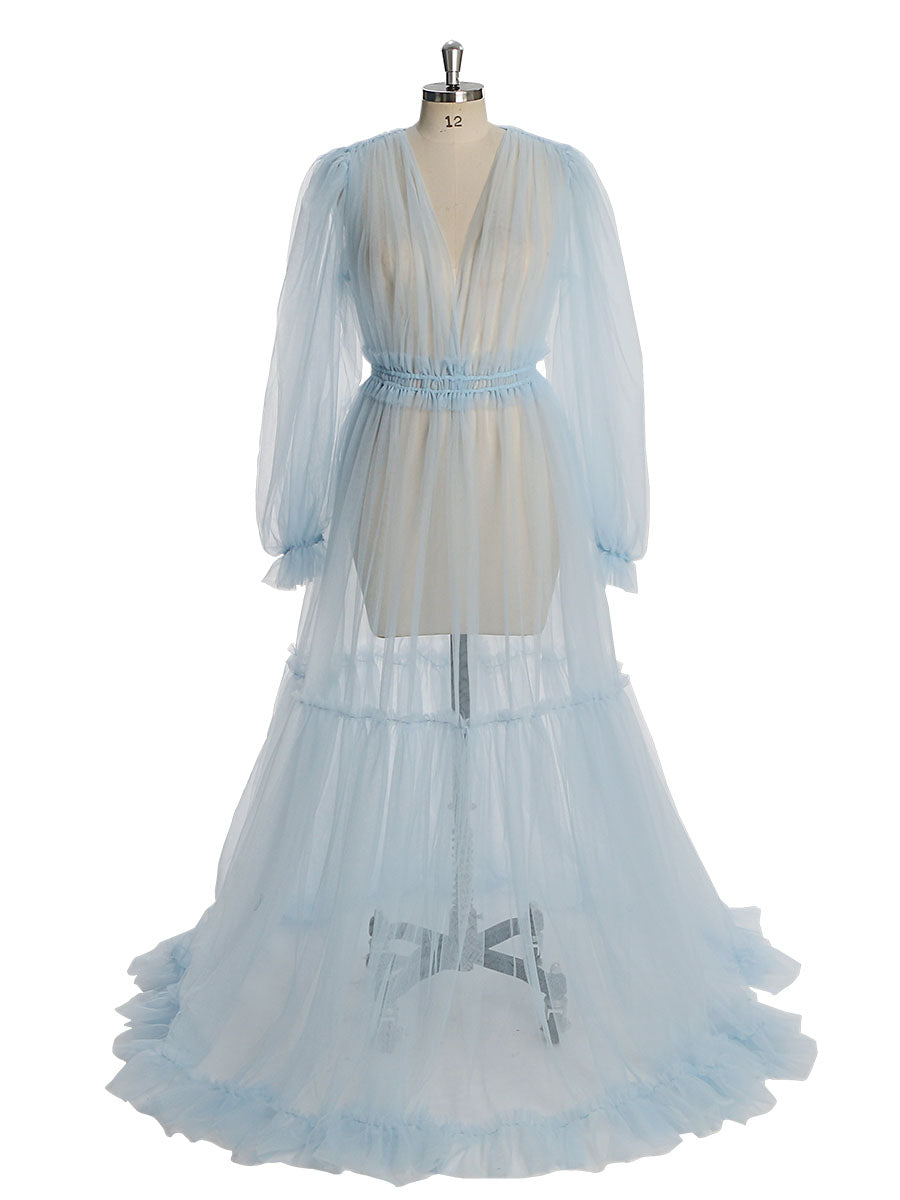 Durchsichtiges, langärmeliges Kleid aus weichem Tüll für Damen, Maxi-Kleid für Fotoshootings, YW231005 