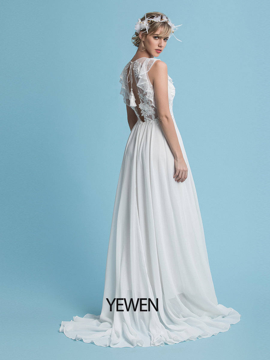 Romantisches Boho Brautkleid Chiffon Sommer Brautkleid Sweep Train 