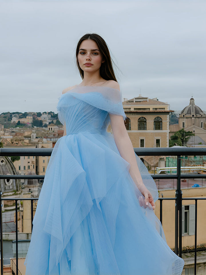 Trägerloses A-Linien-Kleid Himmelblaues mehrlagiges Tüllkleid Fotografie-Kleid 