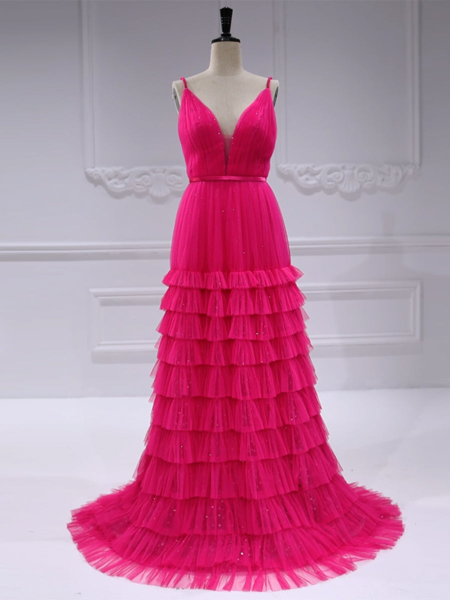 V Neck, Tiered Dress, Sparkle Tulle Prom Dress
