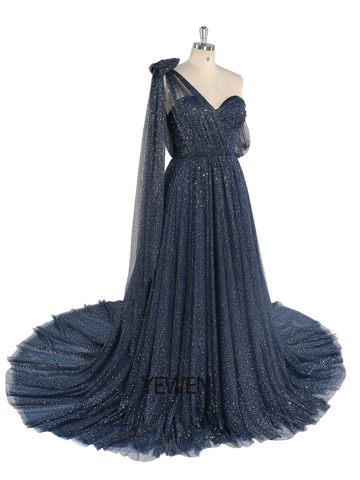 Glitzerndes Tüllkleid mit Sternenhimmel-Fotografie-Kleid, modisches Glitzer-Mesh-Designer-Ballkleid, lang, YEWEN YW010 