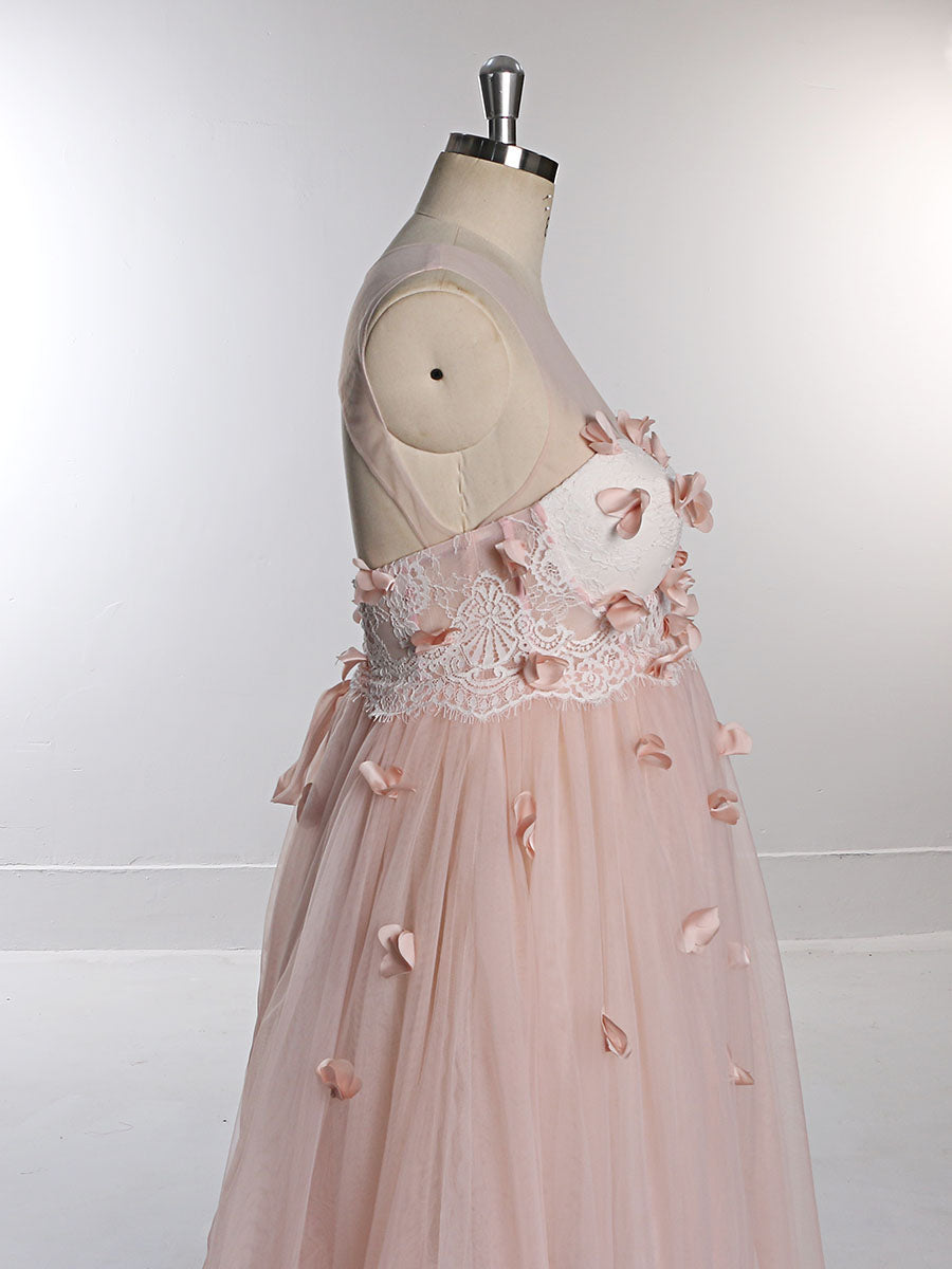 Rosa Blumenkleid aus weichem Tüll für Fotoshootings, Rundhalsausschnitt, rückenfreies Maxikleid aus Tüll, YW230330 