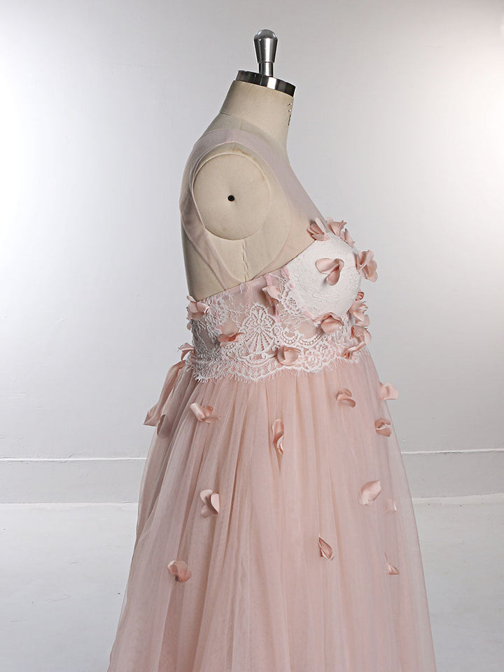 Rosa Blumenkleid aus weichem Tüll für Fotoshootings, Rundhalsausschnitt, rückenfreies Maxikleid aus Tüll, YW230330 