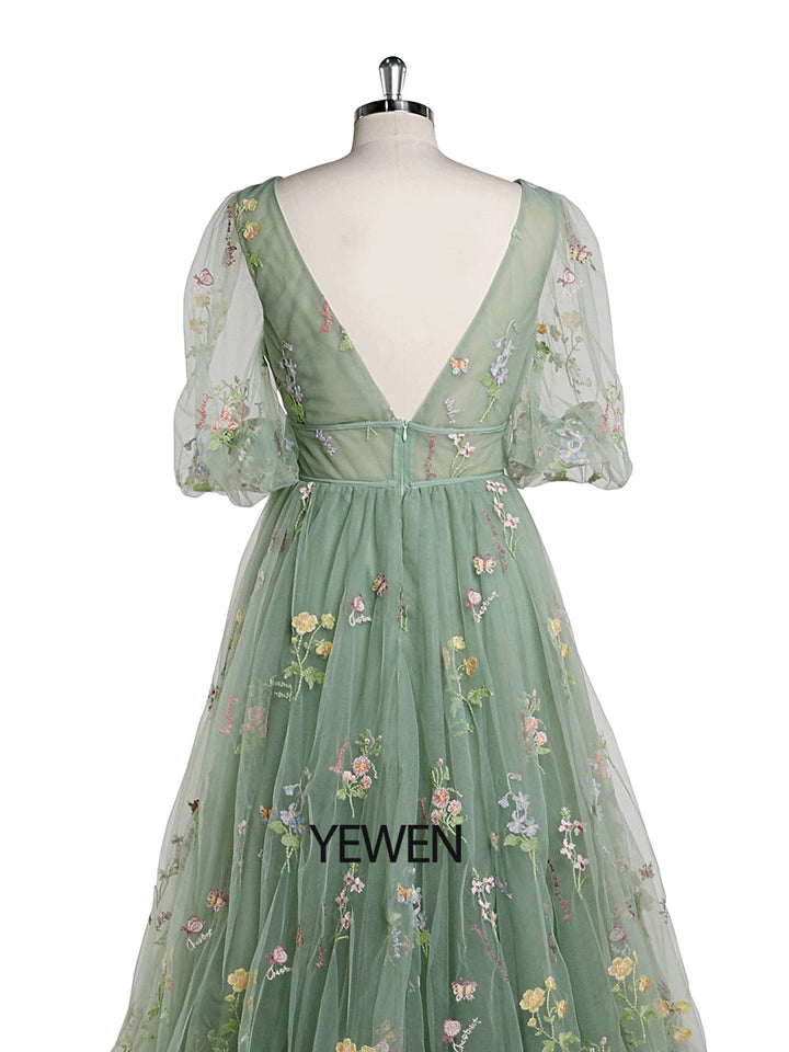 V-Ausschnitt Stickerei Tüll Pastoral Farbige Brautkleider Anlasskleid YEWEN YW220324